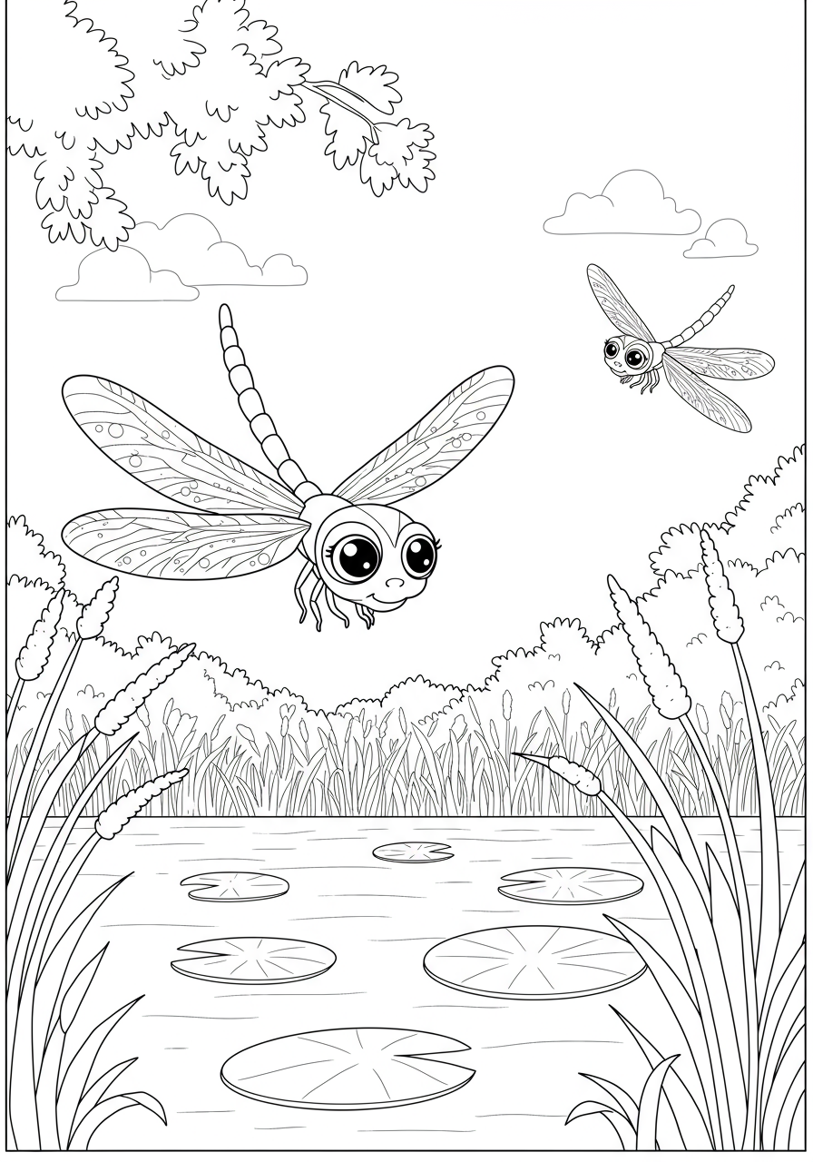 Free printable coloring page featuring dragonflies soaring over a calm pond with lily pads and reeds, perfect for kids.