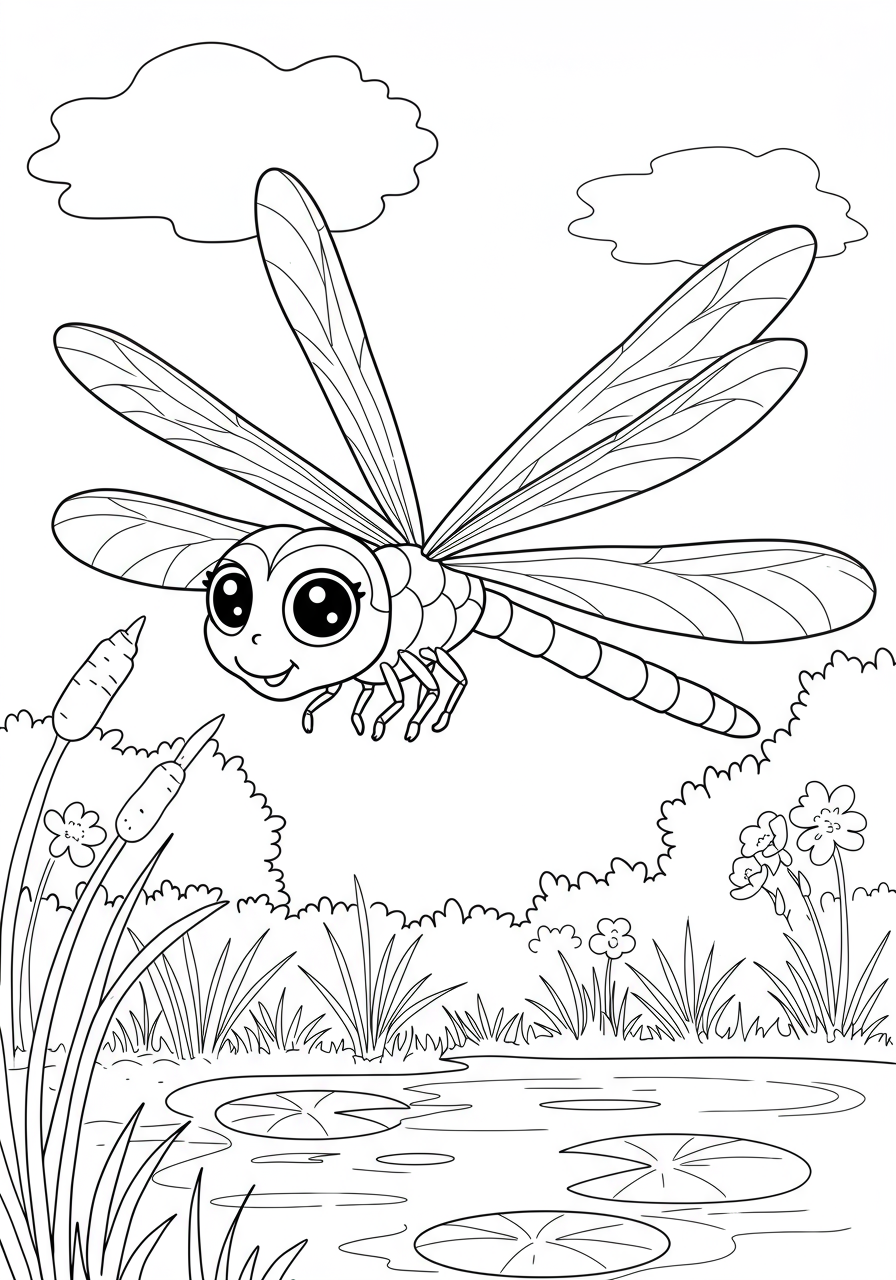 A free printable coloring page featuring an easy outline of a dragonfly with large wings hovering above a pond with water ripples and a lily pad.
