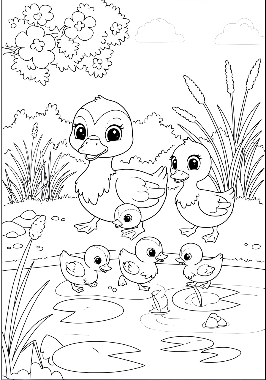 A free printable coloring page featuring a mother duck swimming in a pond with a line of cute ducklings following closely behind her. The easy design is perfect for kids.