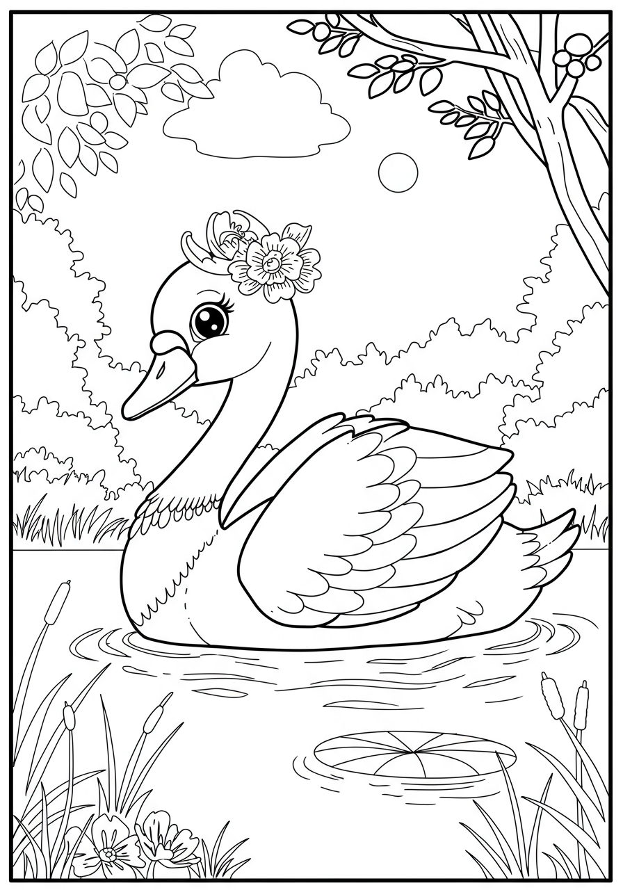 A free printable coloring page depicting an elegant swan gracefully swimming on a calm lake, suitable for kids.