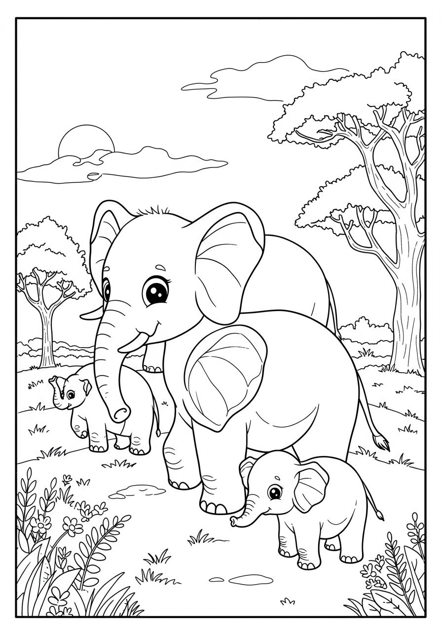 Free printable coloring page featuring an easy-to-color elephant herd walking across a savanna at sunset, perfect for kids.