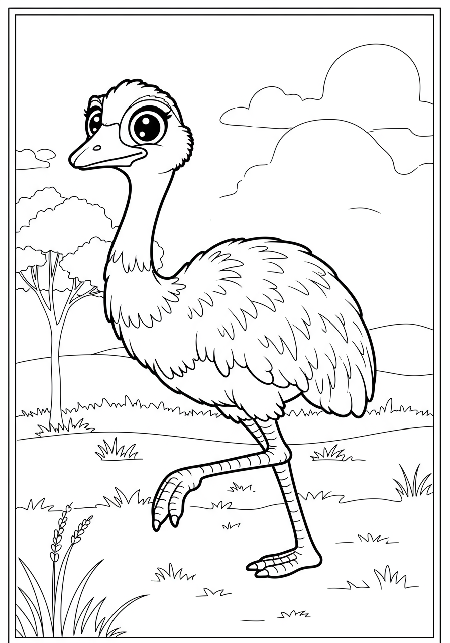 Free printable coloring page featuring an emu walking across vast open plains, perfect for kids to color and learn about Australian wildlife.