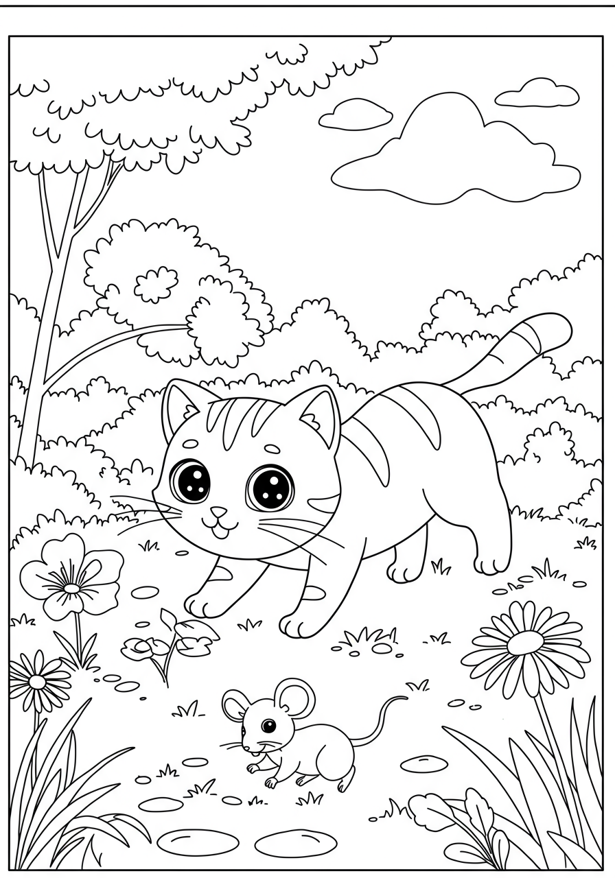 Free printable coloring page featuring a playful farm cat chasing a small mouse through a barnyard scene, perfect for kids.