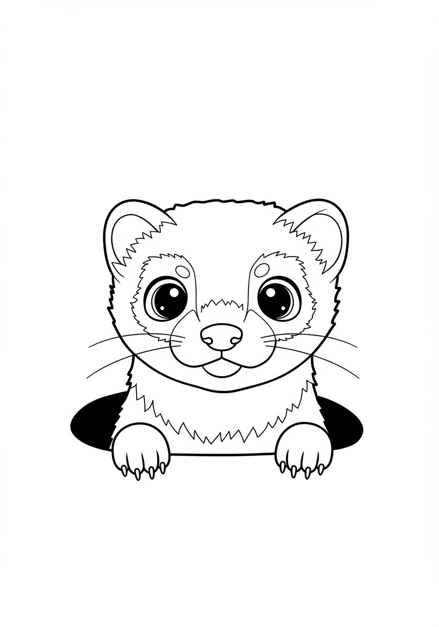 A free printable coloring page showing a cute ferret with its head peeking out of a small, round hole, looking curious and ready to play.
