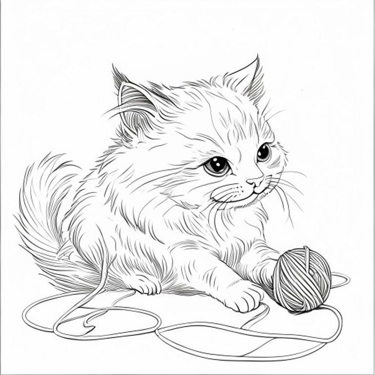 A free printable coloring page depicting a cute, fluffy cat with a happy expression, playfully tangled in a large, messy ball of yarn, set on a simple background, ideal for young children to color.