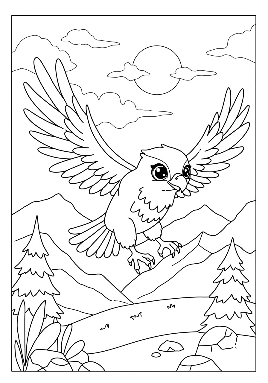Free printable coloring page featuring an easy outline of a majestic flying eagle soaring above mountains, perfect for kids.