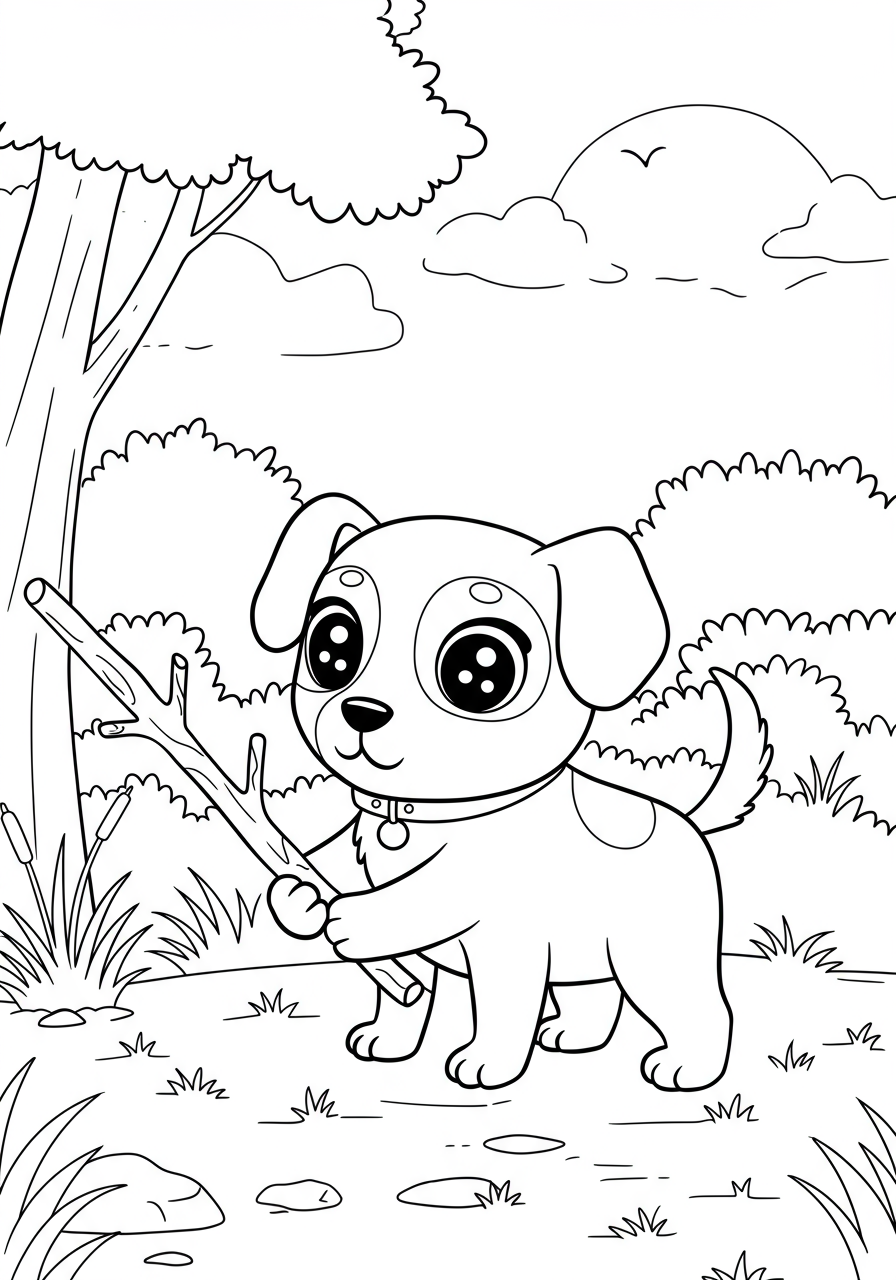 A free printable coloring page featuring a happy, friendly dog with a wagging tail, excitedly fetching a stick in a park setting.
