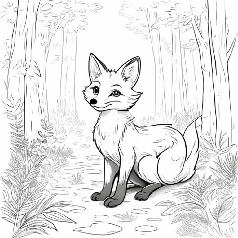 A free printable coloring page featuring a friendly fox with a bushy tail walking along a forest path, surrounded by trees and plants, perfect for kids.