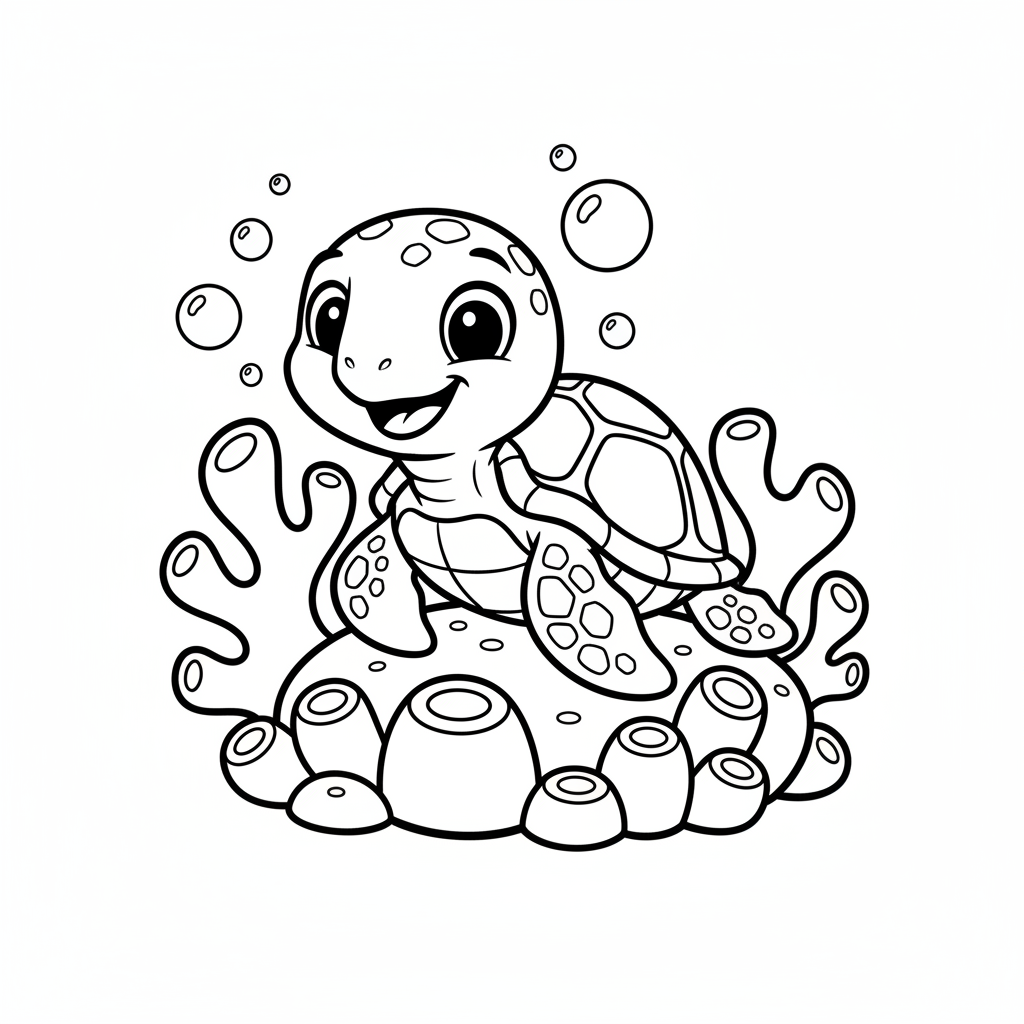 A free printable coloring page featuring a friendly sea turtle swimming gracefully among various types of coral in an underwater scene, perfect for kids to color.