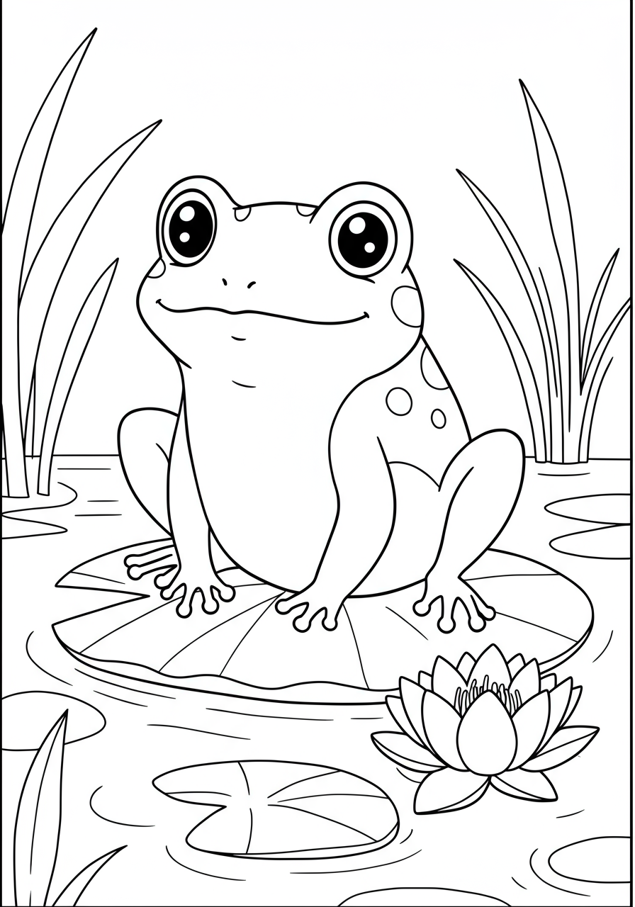 A free printable coloring page featuring a happy, cartoon-style frog sitting on a large lily pad in a pond.