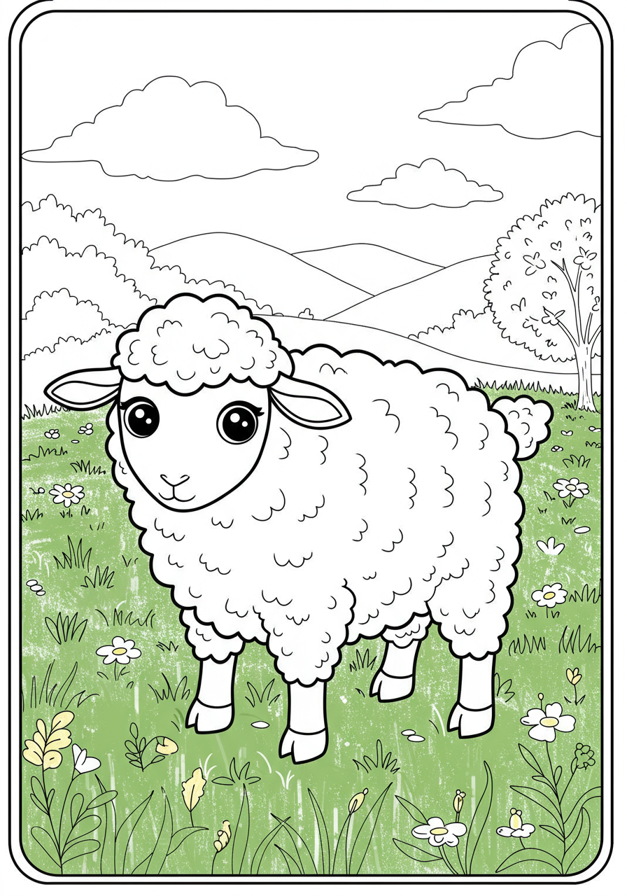 An adorable free printable coloring page featuring a fuzzy sheep standing in a lush green field under a clear sky, perfect for young children to color.
