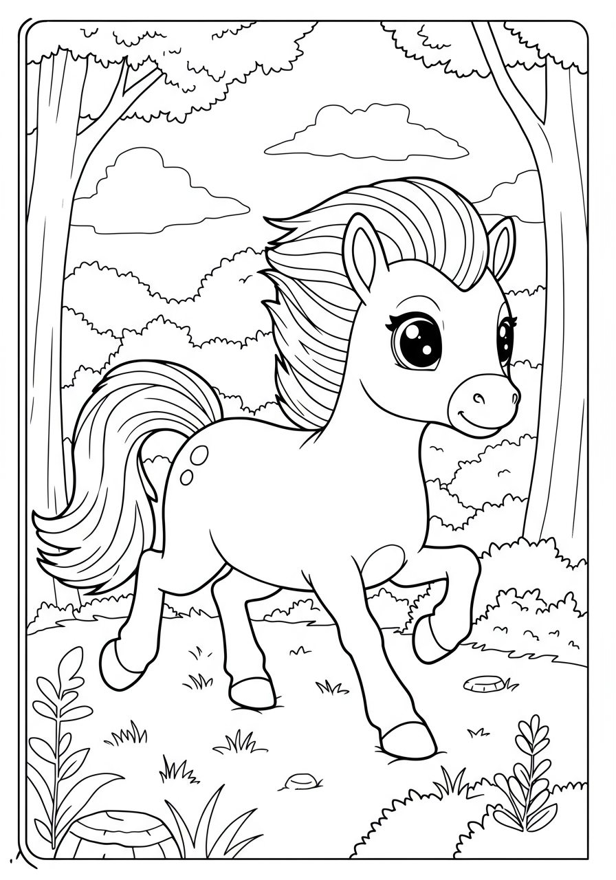 Free printable coloring page featuring a majestic galloping horse with its mane flowing in the wind, perfect for kids.