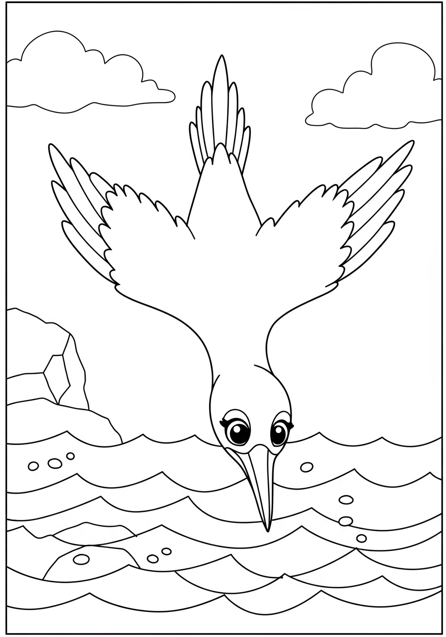 A free printable coloring page depicting a majestic gannet bird captured mid-action, diving headfirst into the ocean waves to catch fish, ideal for easy coloring by kids.