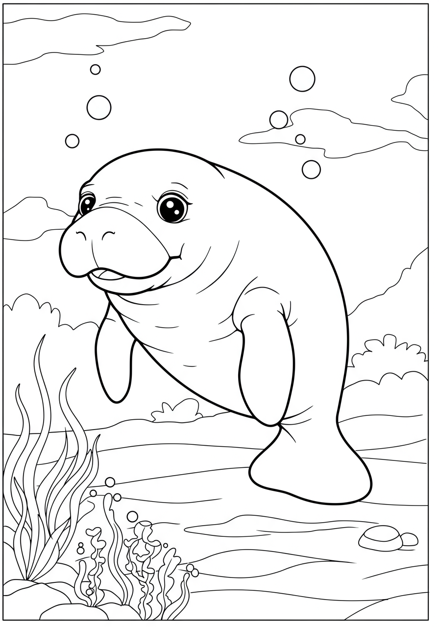 A free printable coloring page showing a gentle manatee swimming peacefully in a vibrant seagrass bed, perfect for kids.