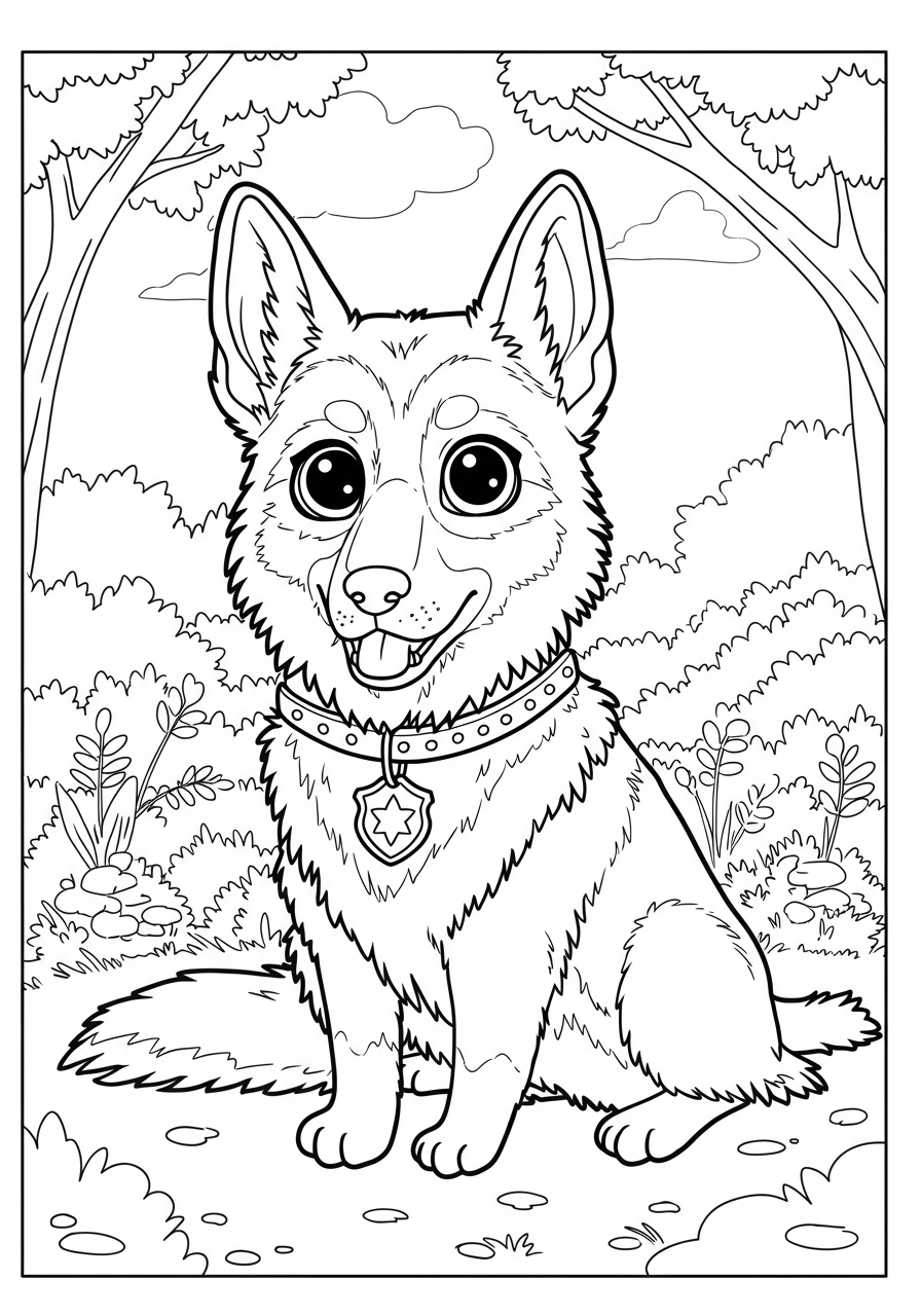 Free printable German Shepherd Police Dog coloring page for kids, showing a brave K9 hero standing alert, easy outlines for young artists.