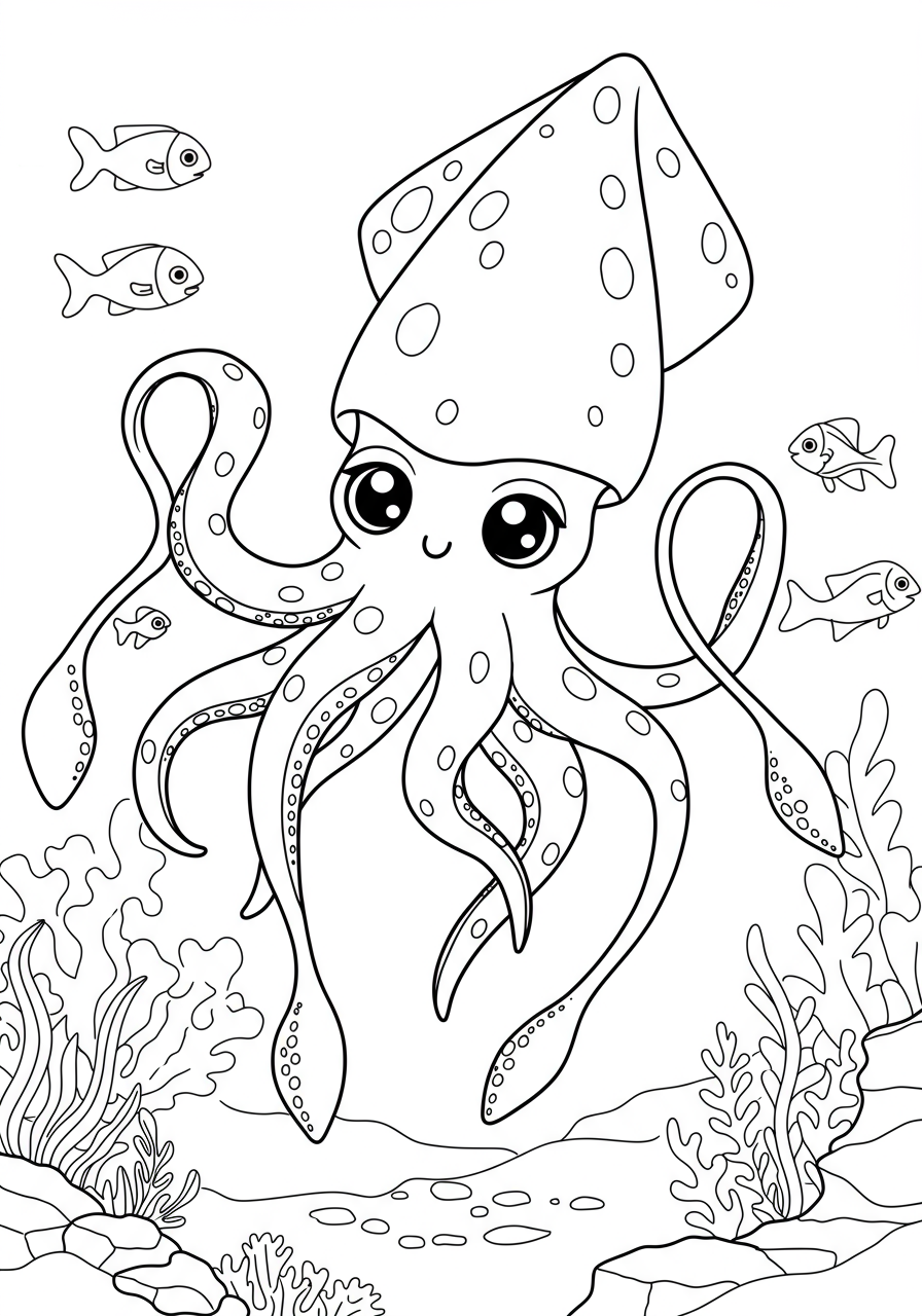 Free printable coloring page featuring a friendly giant squid in the deep ocean, ready for kids to color.