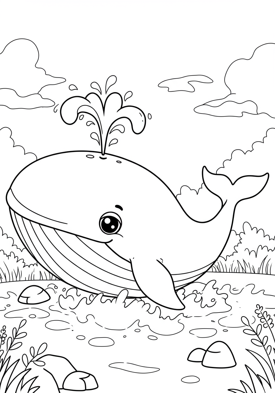 An easy-to-color, free printable coloring page showing a friendly giant whale spouting water high into the air, perfect for kids.