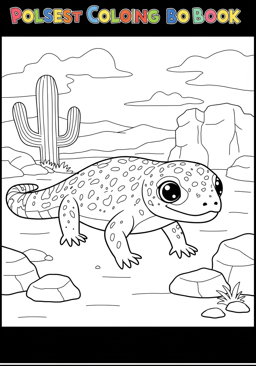 Free printable Gila Monster Desert Rocks coloring page showing a beaded Gila monster lizard resting on desert rocks with a cactus in the background, ideal for kids' coloring activities.