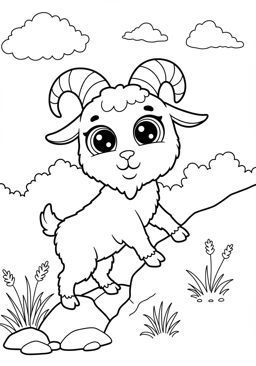Free printable coloring page featuring a cartoon goat skillfully climbing a rocky mountain hill, with a simple background for kids to color.