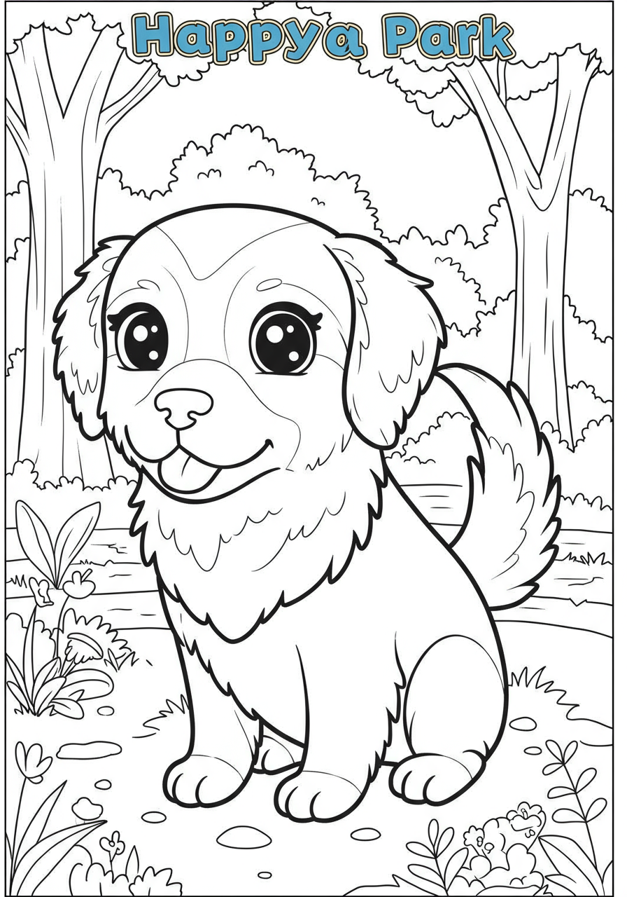 A free printable coloring page showing a happy Golden Retriever playing with a ball in a sunny park with trees and butterflies, perfect for kids.