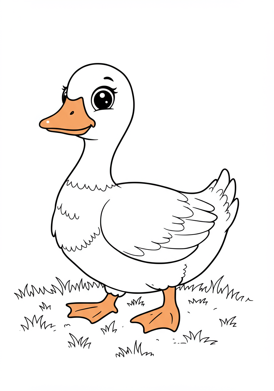 Free printable coloring page featuring a simple line art drawing of a goose with webbed feet waddling across green grass, perfect for young children to color.