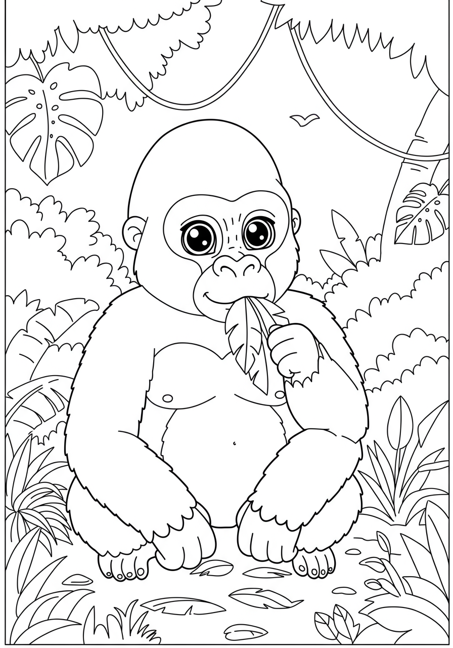 Free printable coloring page featuring a friendly gorilla eating lush green jungle leaves, perfect for kids to color.
