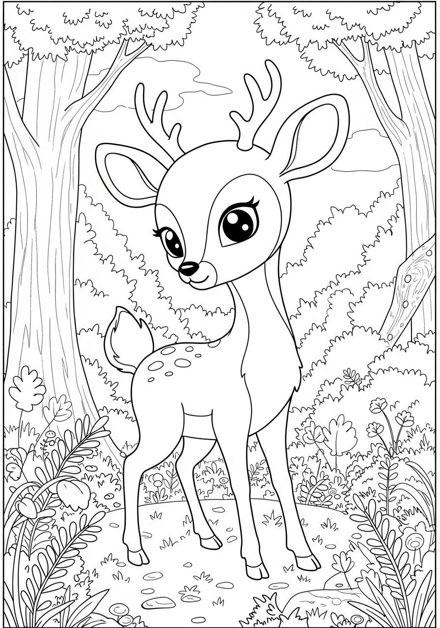 Free printable coloring page featuring a graceful deer standing peacefully in a bright forest clearing, surrounded by trees and gentle nature, suitable for children.