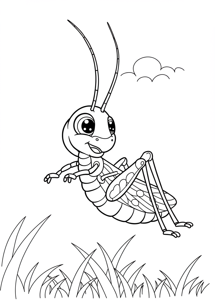 A cartoon grasshopper is drawn in mid-jump over blades of green grass on a free printable coloring page for kids.