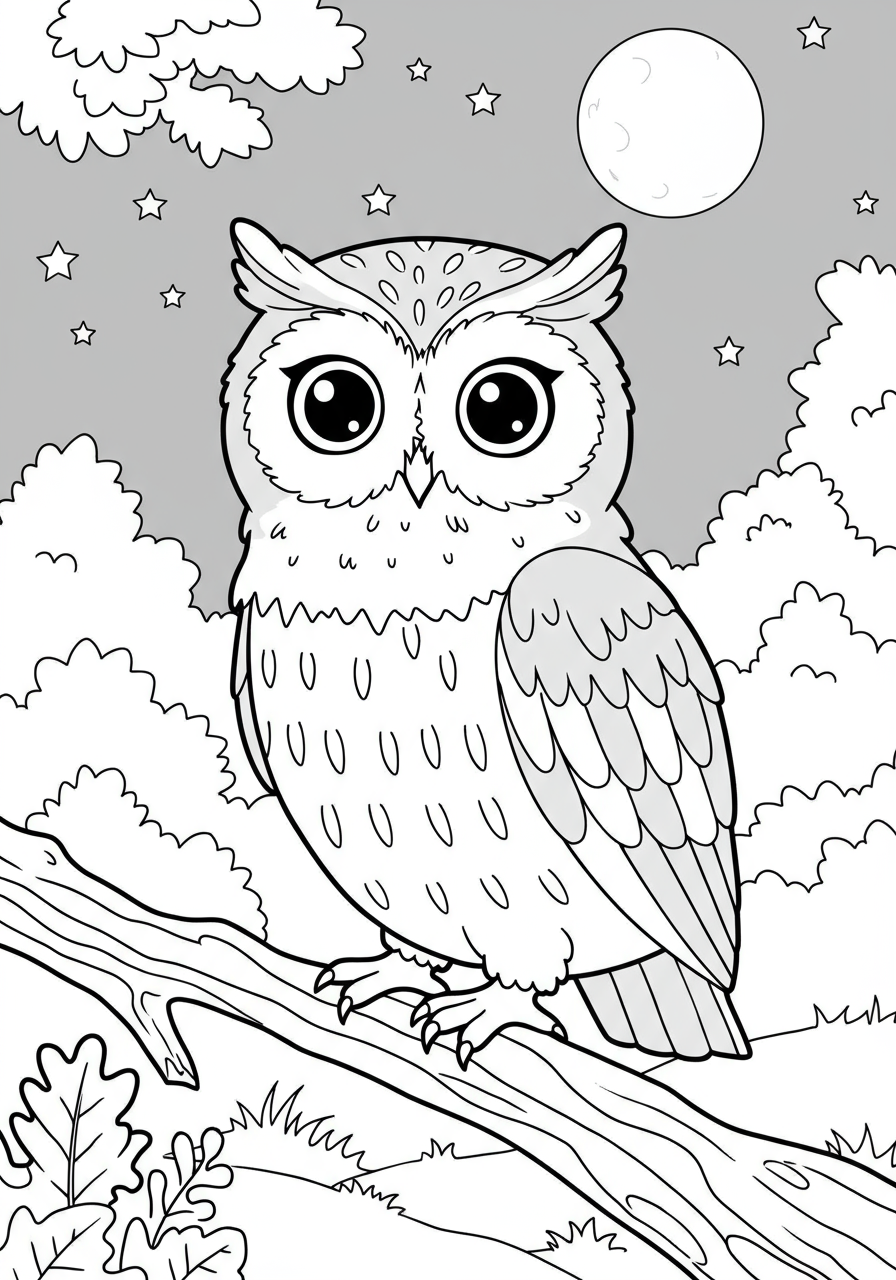 Free printable Great Horned Owl night coloring page for kids, featuring an easy-to-color owl on a branch under a starry sky.