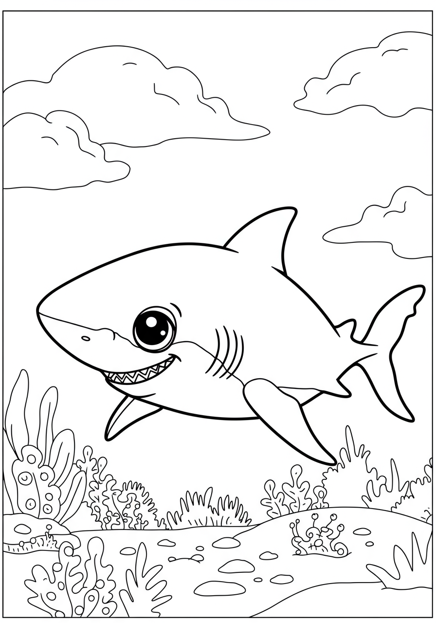 Free printable coloring page featuring a great white shark swimming gracefully underwater, perfect for kids.