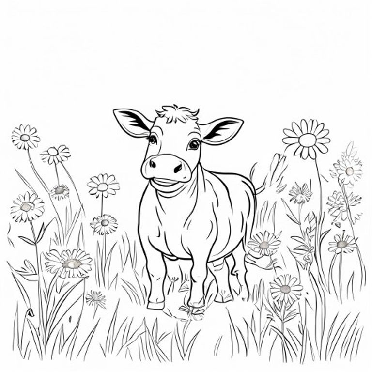 A happy cow with a big smile standing in a field full of daisies under a sunny sky, perfect for a free printable coloring page for kids.