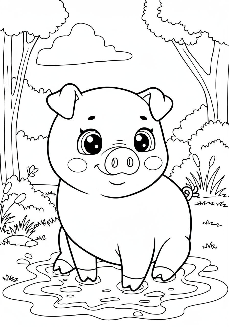 A free printable coloring page featuring a happy pig gleefully splashing in a muddy puddle, perfect for kids.
