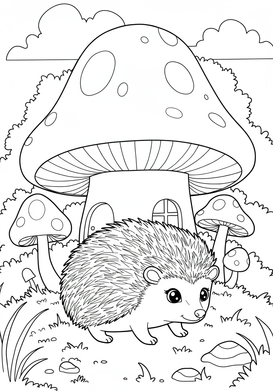 A free printable coloring page showing a cute hedgehog peeking out of a whimsical mushroom house in a forest setting, designed for kids.