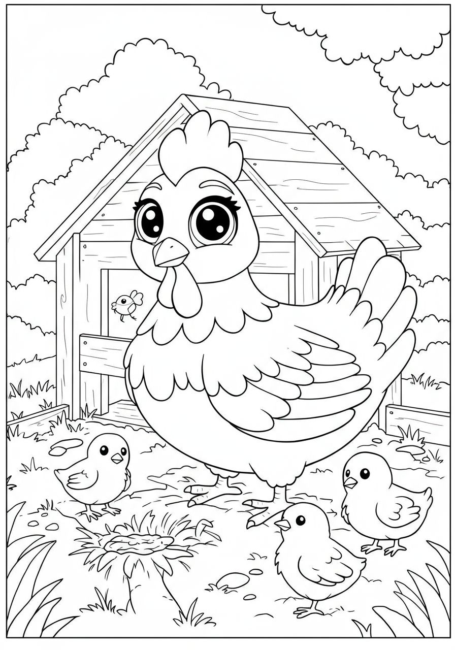 Free printable coloring page featuring a happy mama hen with her fluffy chicks inside a cozy wooden coop, perfect for young children.