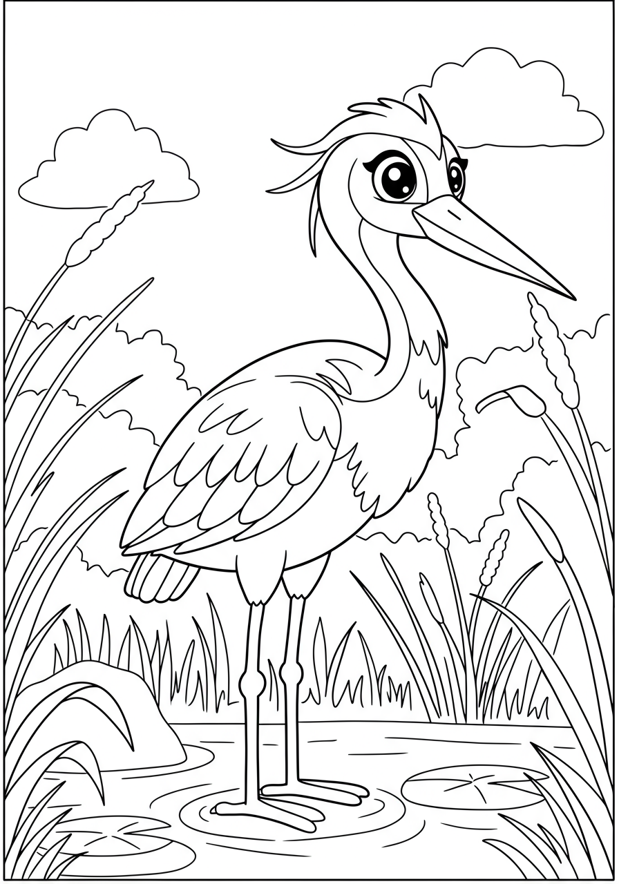 Free printable Heron Standing Still Water coloring page for kids, showing a graceful heron with long legs standing in calm water, perfect for a peaceful coloring activity.