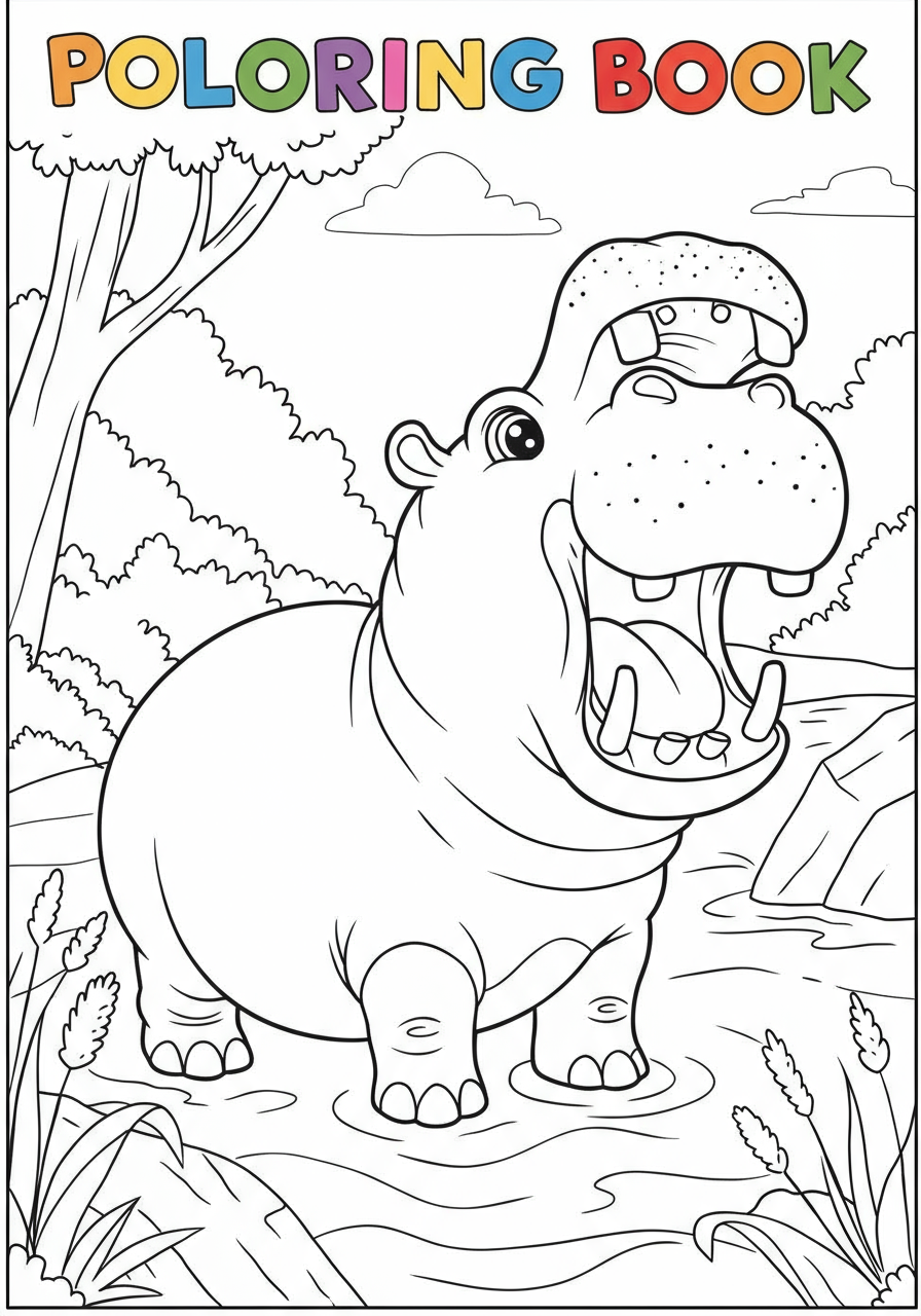 Free printable coloring page featuring a large, friendly hippopotamus yawning widely in a river, perfect for kids to color.