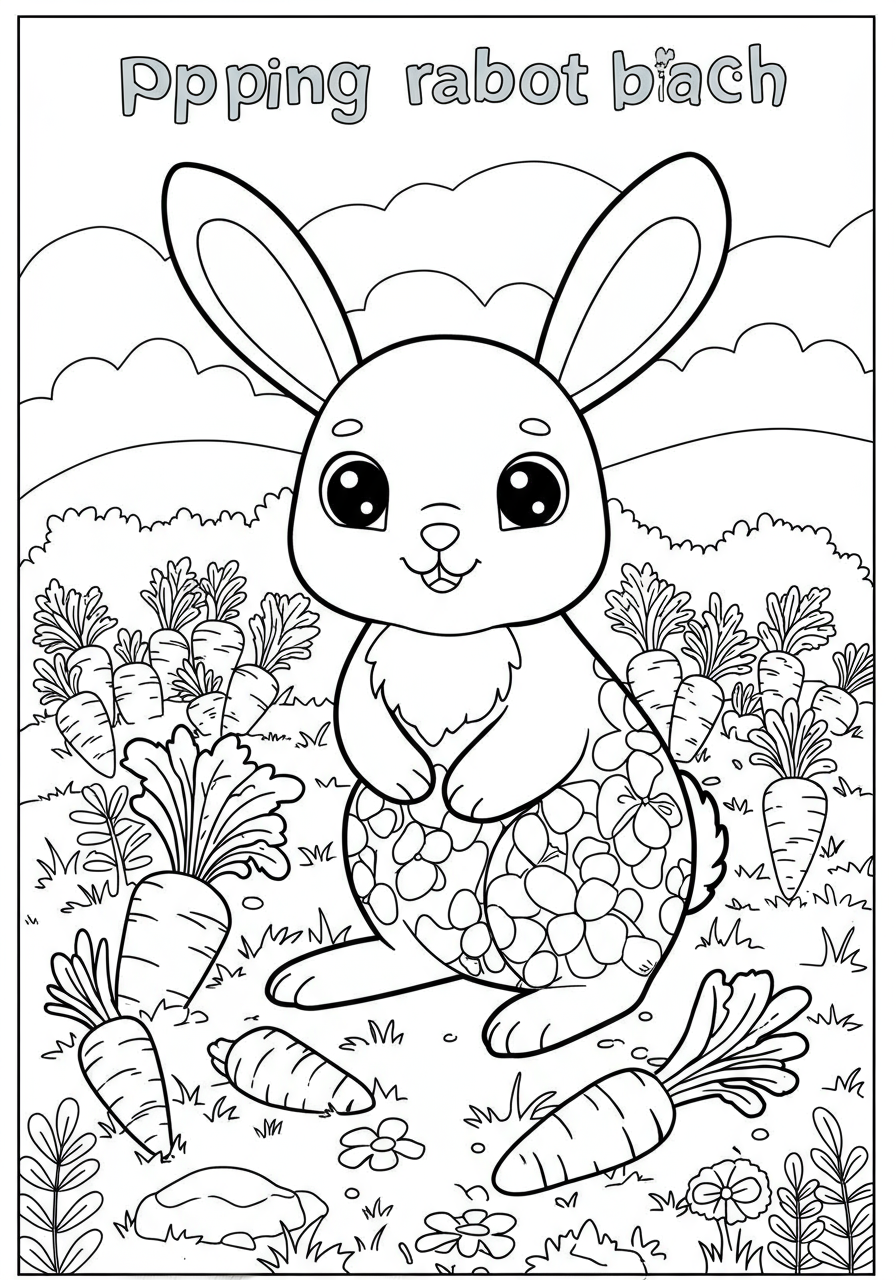 Free printable 'Hopping Rabbit Carrot Patch' coloring page showing a happy bunny surrounded by carrots in a garden, perfect for young children to color.