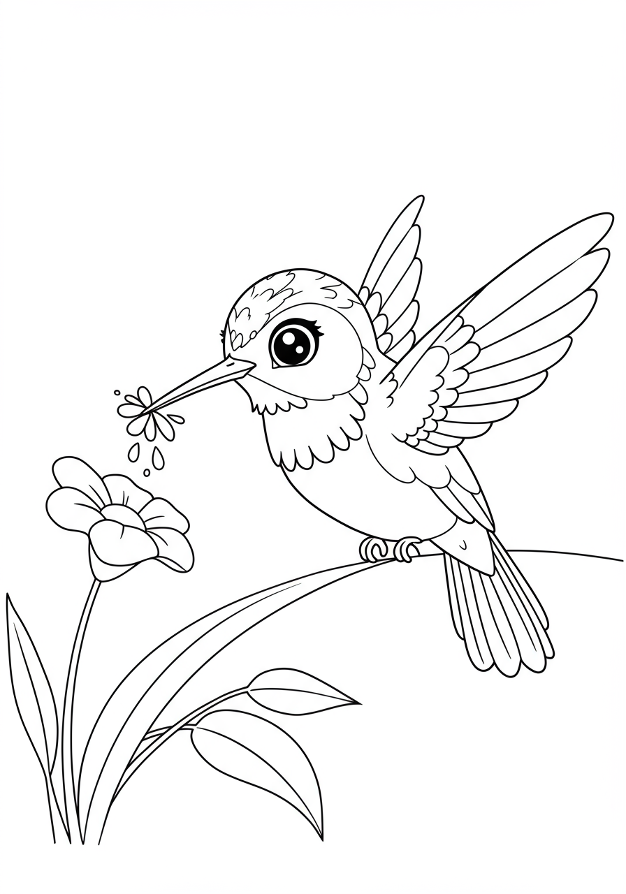 A free printable coloring page showing a small hummingbird with its long beak reaching into a flower to sip nectar, perfect for kids.