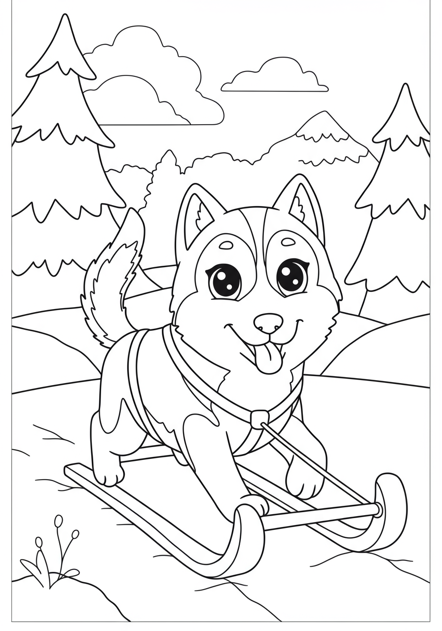 Free printable husky pulling a dog sled coloring page for kids, showing a happy husky in the snow with a traditional wooden sled, ready for winter fun and adventure.
