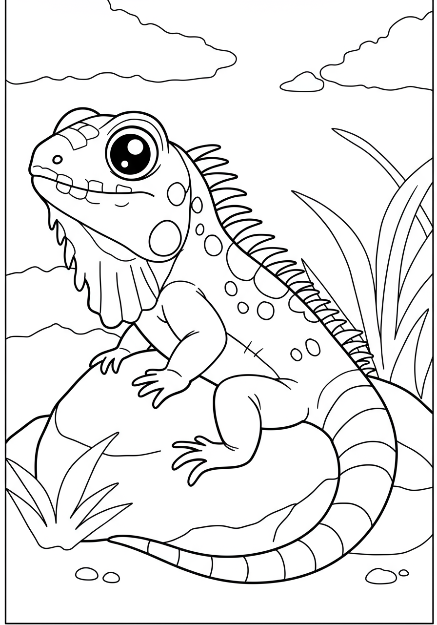 Free printable coloring page featuring a happy green iguana basking on a warm rock in the sun, perfect for kids.