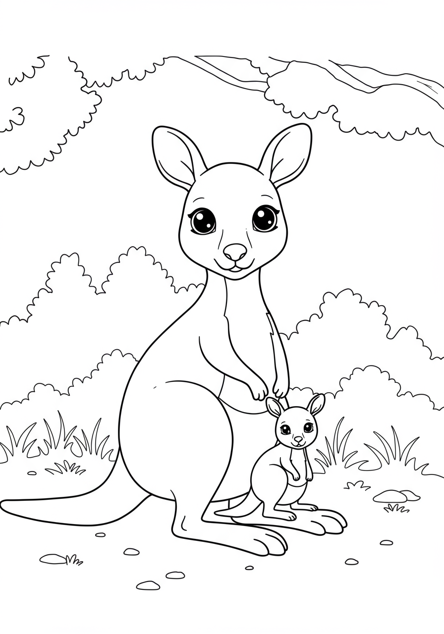 Free printable coloring page featuring an easy-to-color kangaroo mother with her baby joey peeking from her pouch, set in a simple natural landscape for kids.