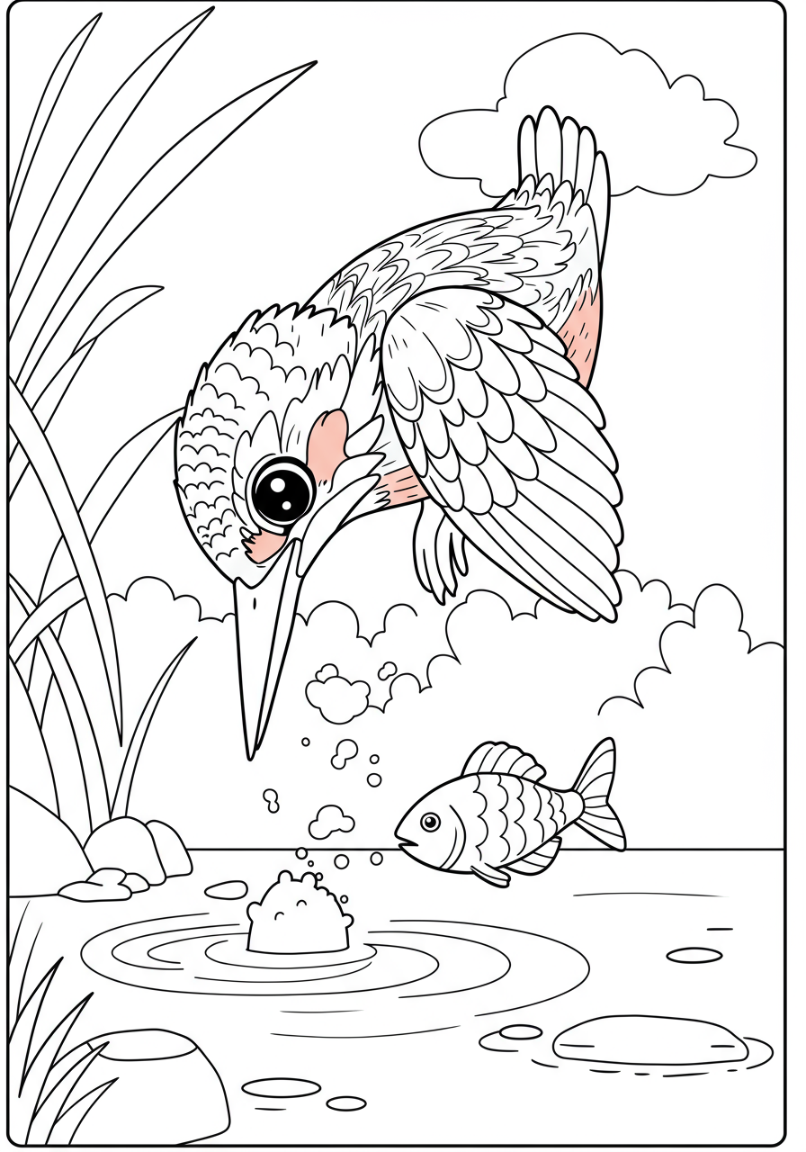 Free printable coloring page featuring a kingfisher bird diving headfirst into water to catch a fish, perfect for kids.