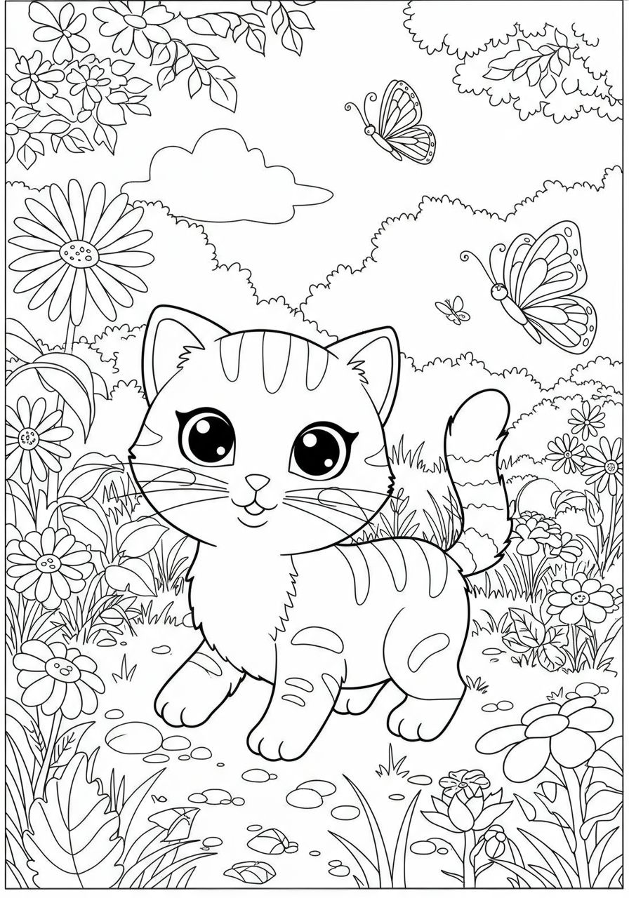 Free printable coloring page depicting an adorable kitten playfully chasing a colorful butterfly in a sunny garden with flowers and grass.