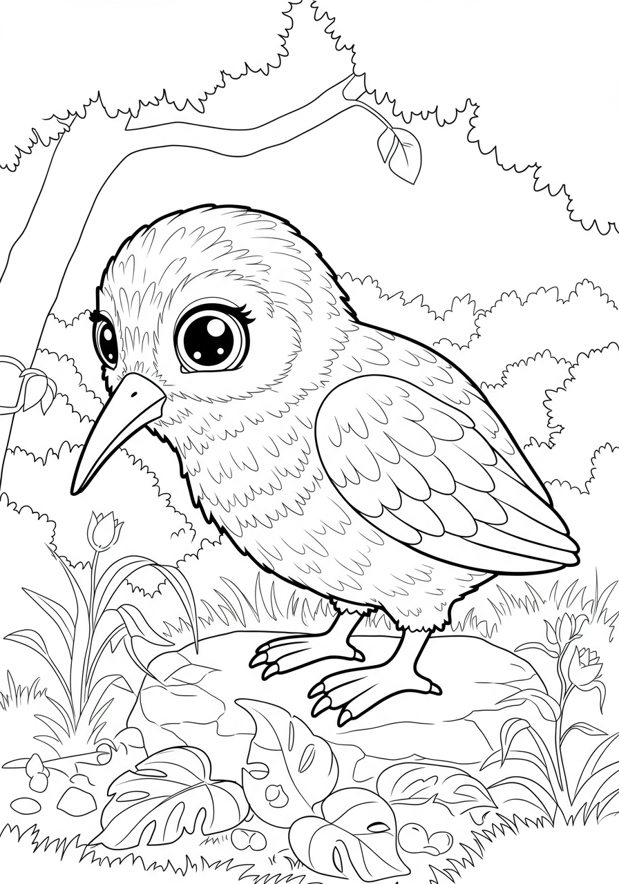 A free printable coloring page depicting a cute kiwi bird foraging at night, with its long beak in the ground under a starry sky and a full moon.