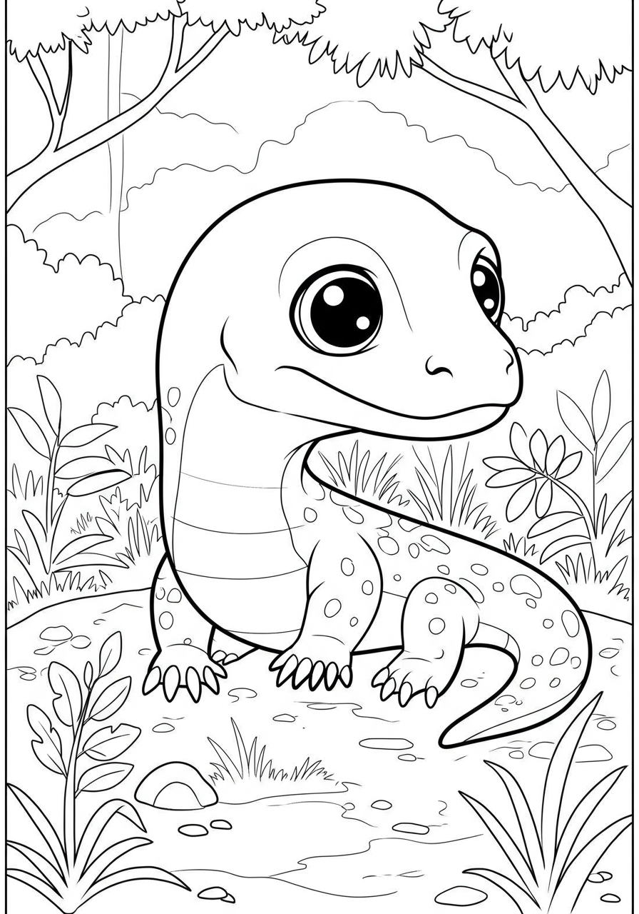 Free printable Komodo dragon coloring page for kids, featuring a large lizard with an easy-to-color outline, suitable for young children.