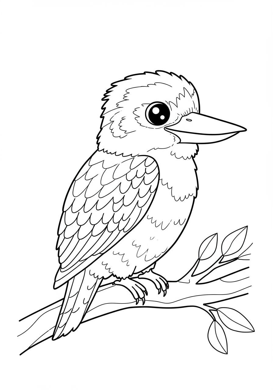 Free printable coloring page featuring a Kookaburra bird laughing joyfully with its beak open, perched on a tree branch, perfect for kids.