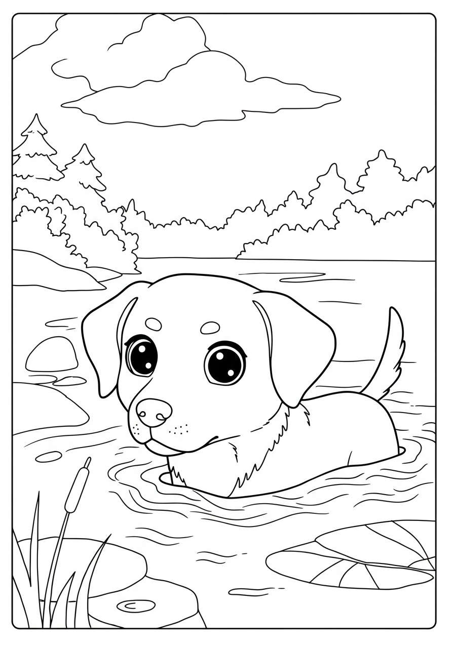 Free printable coloring page featuring a happy yellow Labrador retriever swimming in a calm lake with ripples, perfect for kids to color.
