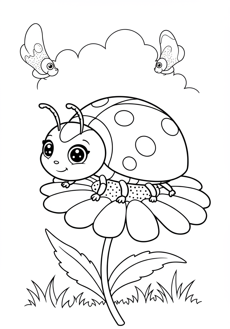 A free printable coloring page showing a friendly ladybug with spots crawling on a large, open flower, ideal for young children to color.