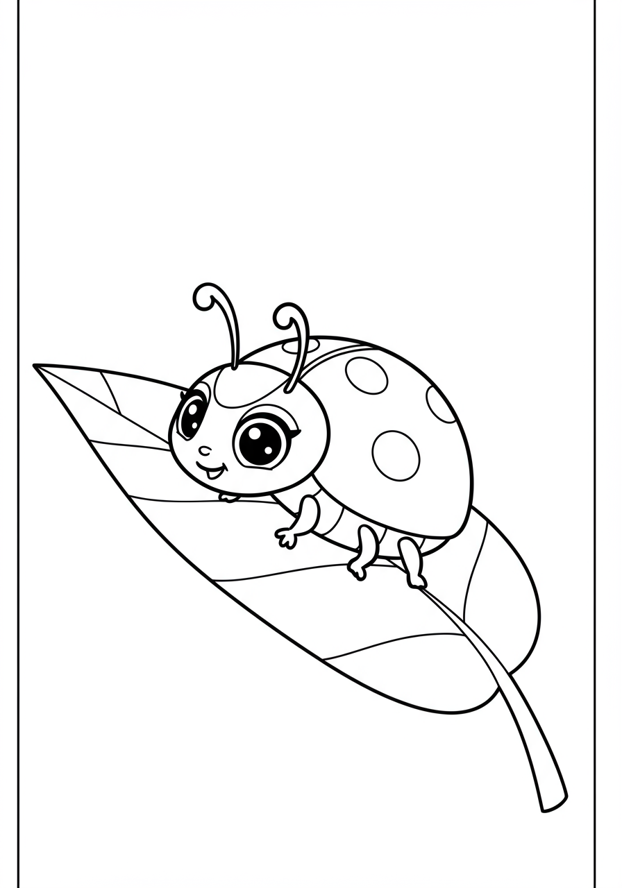 Free printable coloring page featuring a happy ladybug with spots resting peacefully on a large green leaf, perfect for kids to color and enjoy.