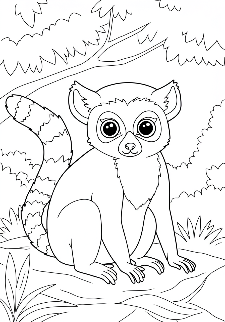 Free printable coloring page featuring a cute, easy-to-color ring-tailed lemur with its iconic striped tail, perfect for young children.
